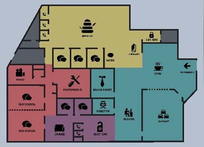 Plano del Martin Trust Center: zona de café, salas de reunión, makerspace y zona abierta
